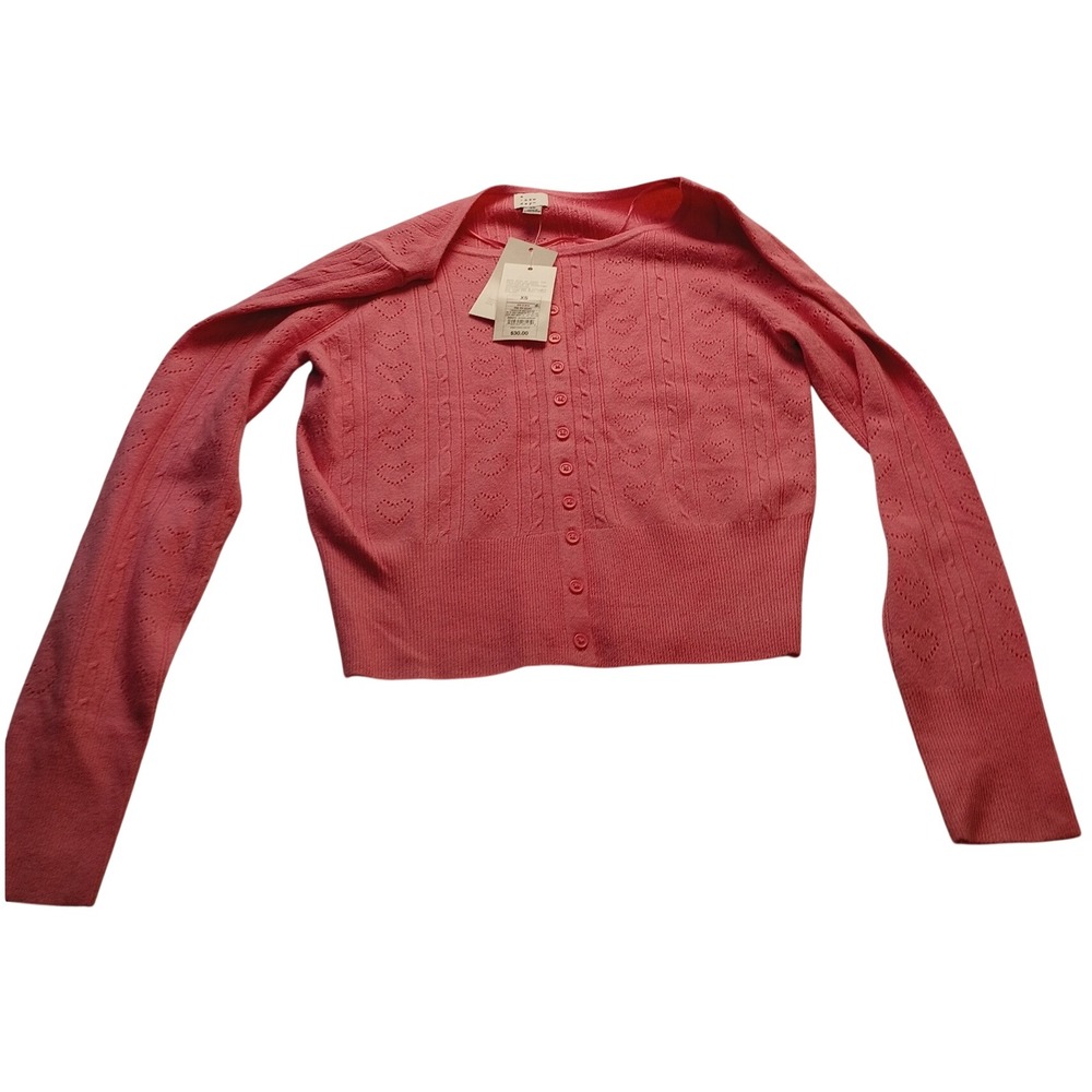 A New Day Cardigan Women's Heart Pointelle Knit Pink Sweater Scoop Neck XS NWT